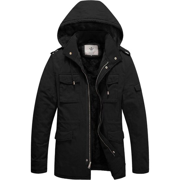 Men's Large Pocket Winter Parka Jacket - Thicken Cotton with Removable Hood M